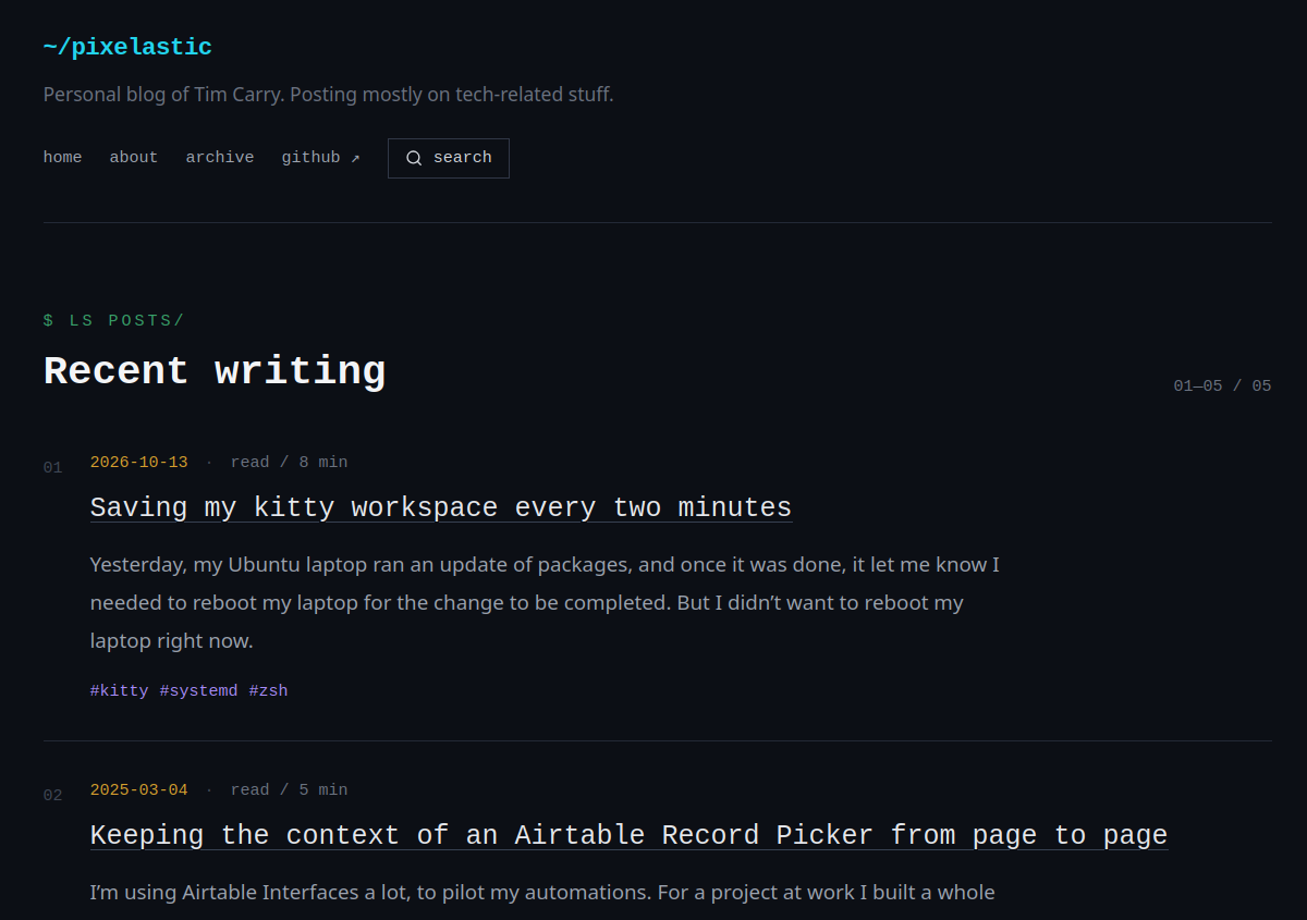 Version 1: monospace post titles with underline, a green "$ ls posts/" label and plain-text tags