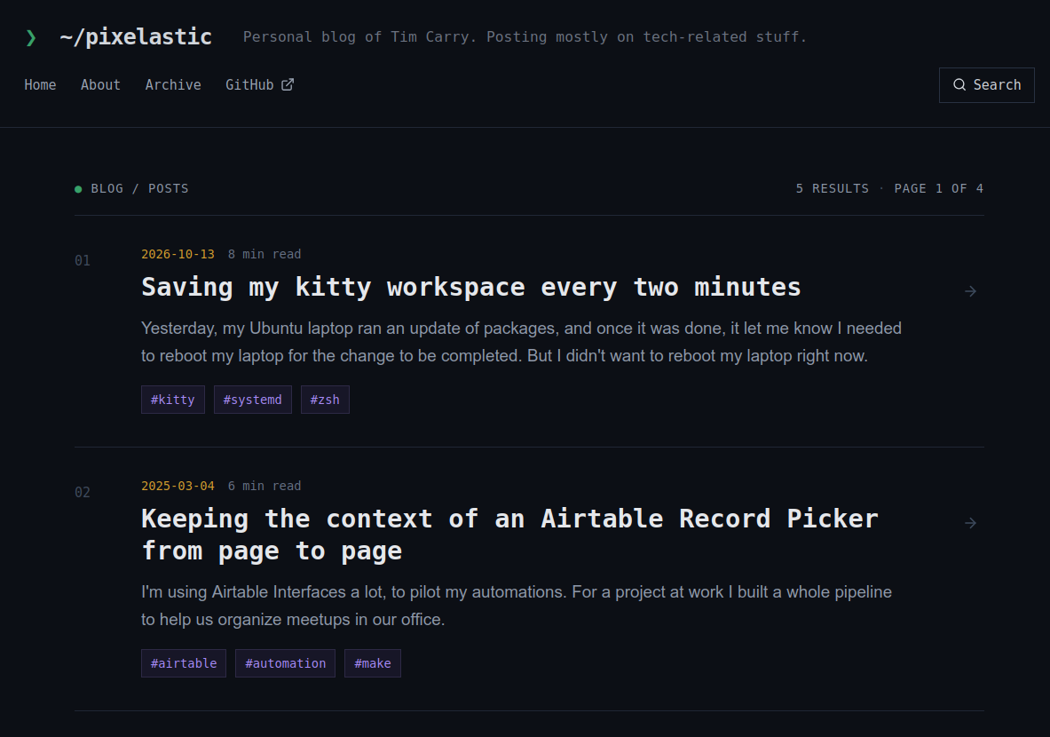 Version 2: bold post titles and tags as bordered chips, with a prompt arrow next to the site name