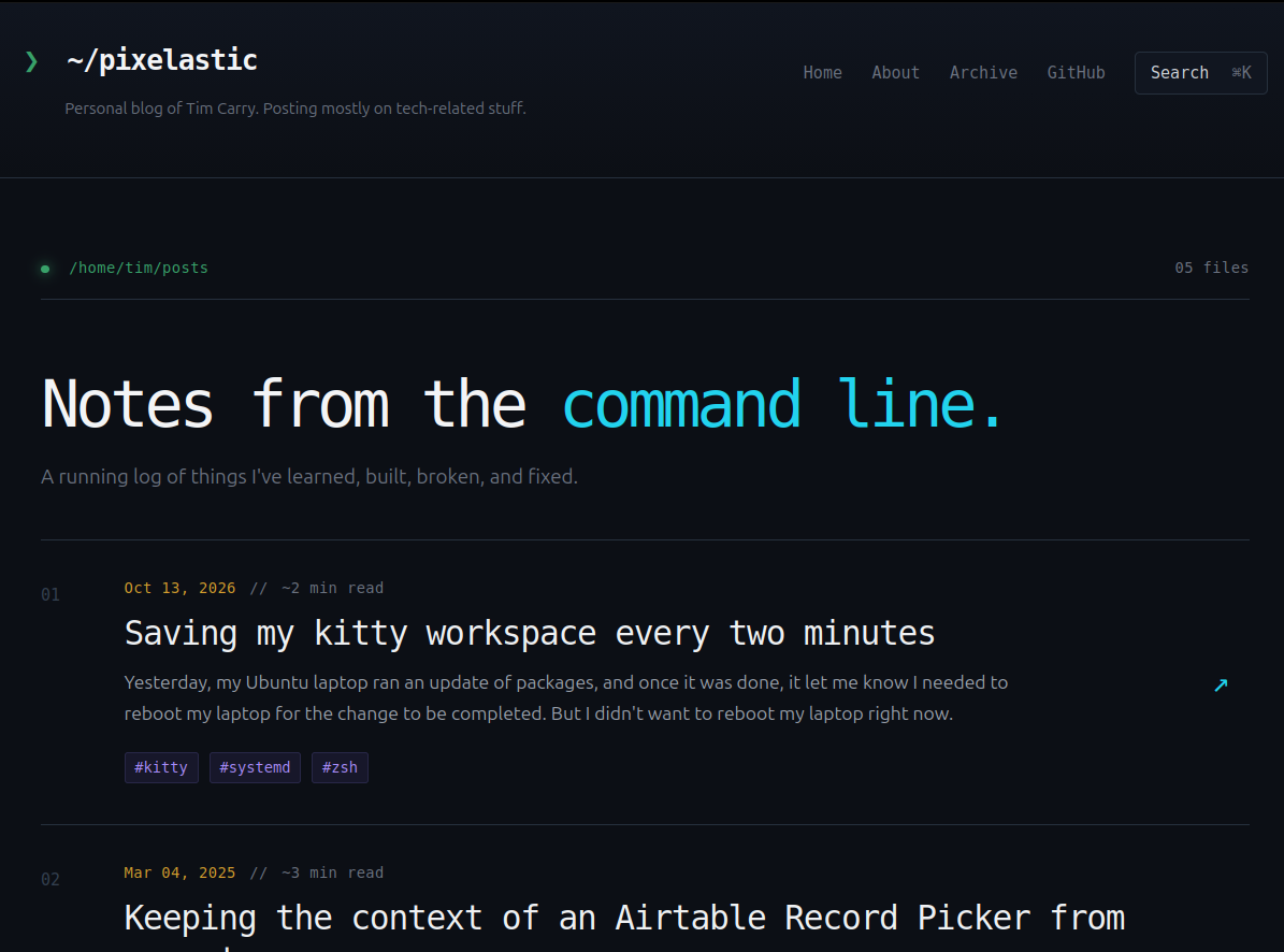 Version 3: a large "Notes from the command line" hero in thin monospace, with a cyan highlight