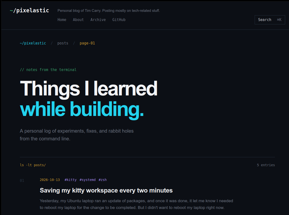 Version 4: a large "Things I learned while building" hero in bold sans-serif, with breadcrumbs
