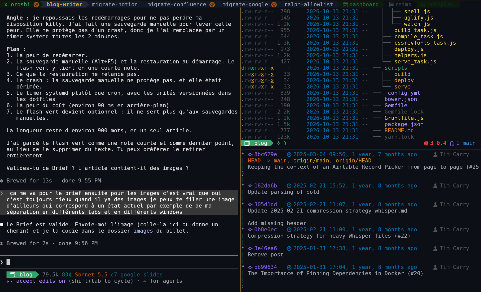 A kitty window with ten named tabs. The current tab is split in two columns, and the right column is split again.